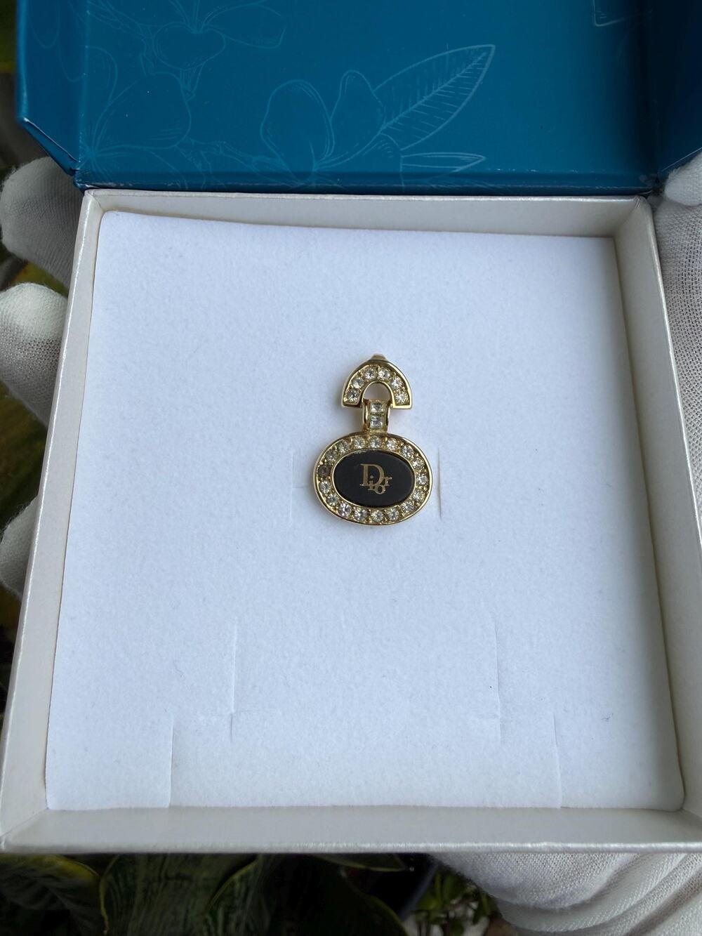 Vintage Christian Dior Oblique Logo Oval Pendant Charm Gold Plated Rhinestone